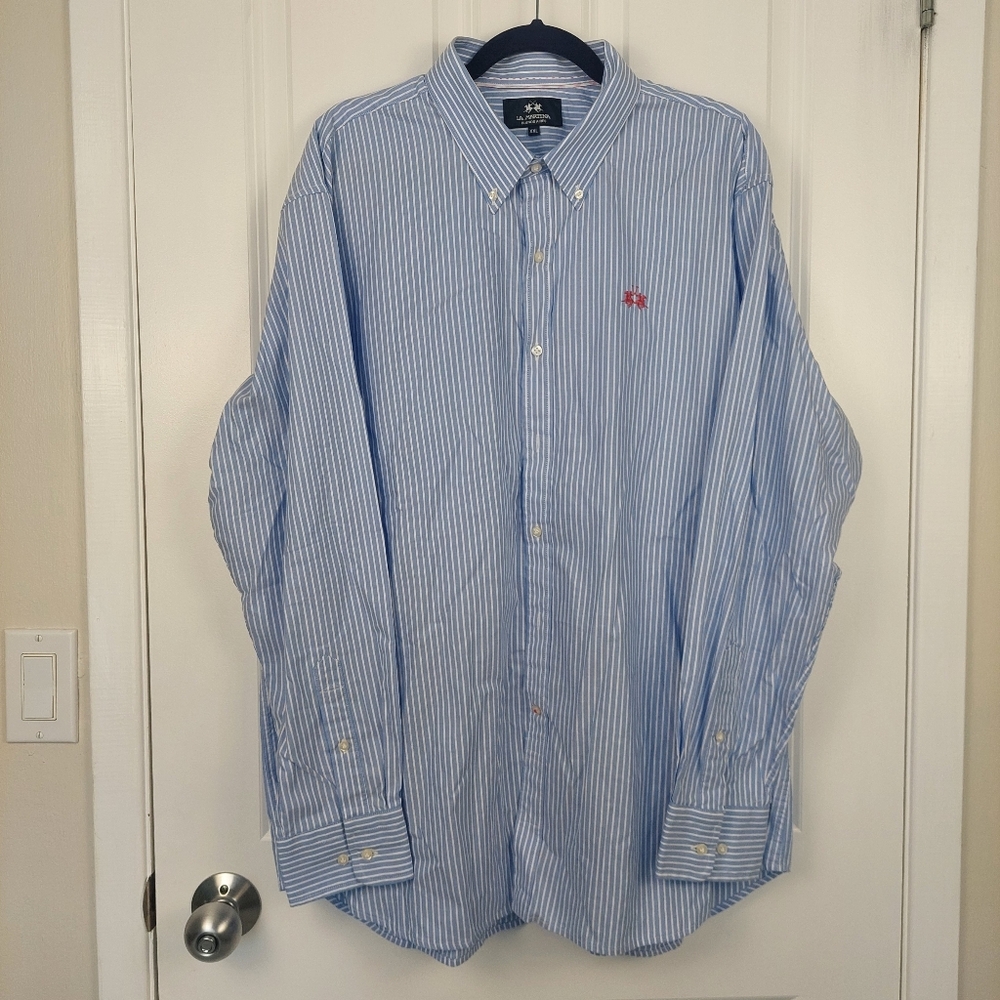La Martina Buenos Aires Cottton Dress Shirt, Men's XXL Blue and White Stripe